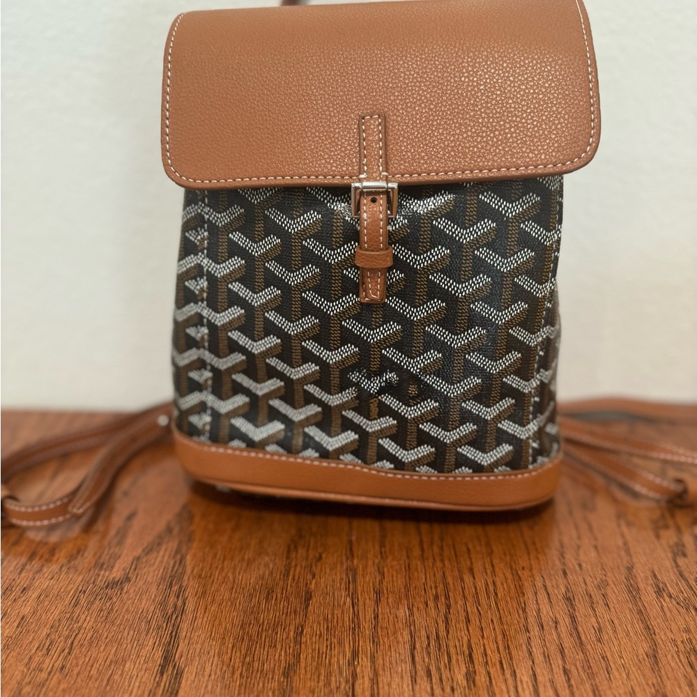 Canvas Patterned Brown Leather-Trim Backpack - image 1